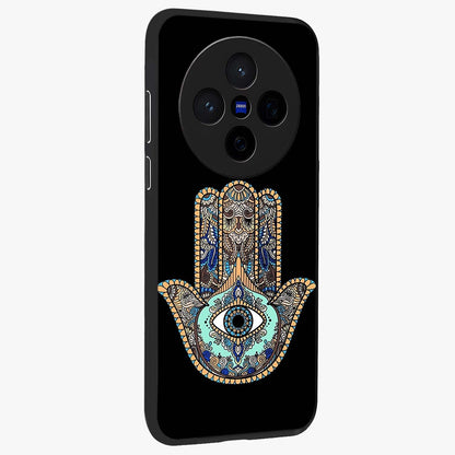 Mystic Hamsa Eye Glass Case upright view showcasing detailed hamsa eye artwork with protective spiritual theme.