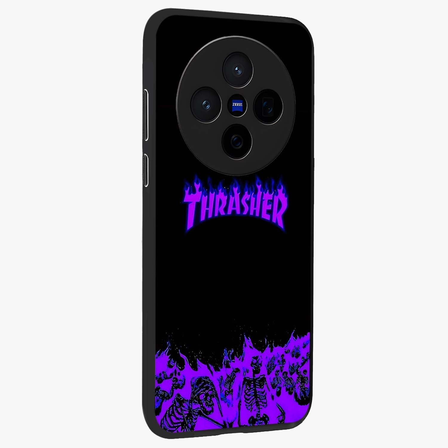Neon Flame Riot Glass Case upright view showcasing dynamic flame artwork with energetic neon theme.