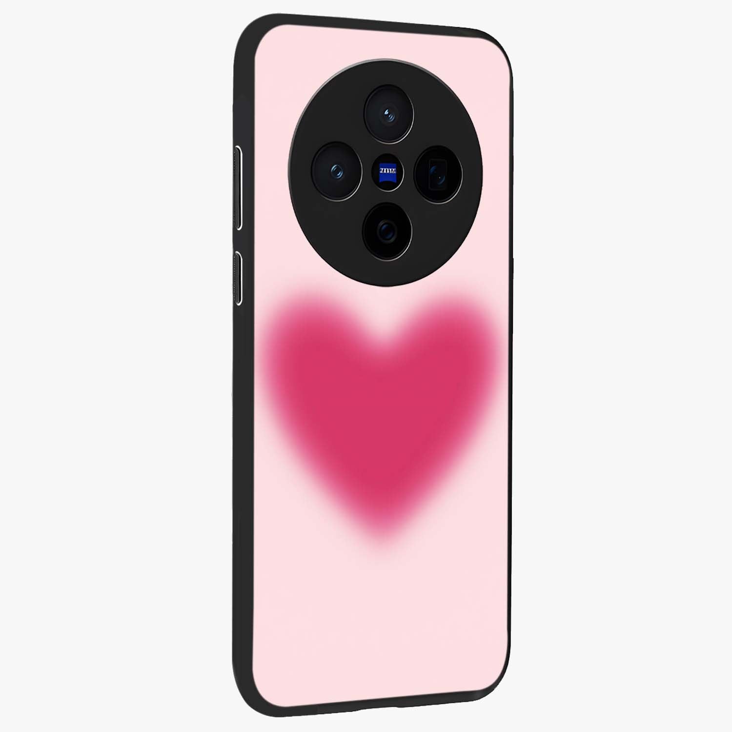 Pink Aura Heart Glass Case upright view showcasing romantic heart artwork with soft pastel theme.