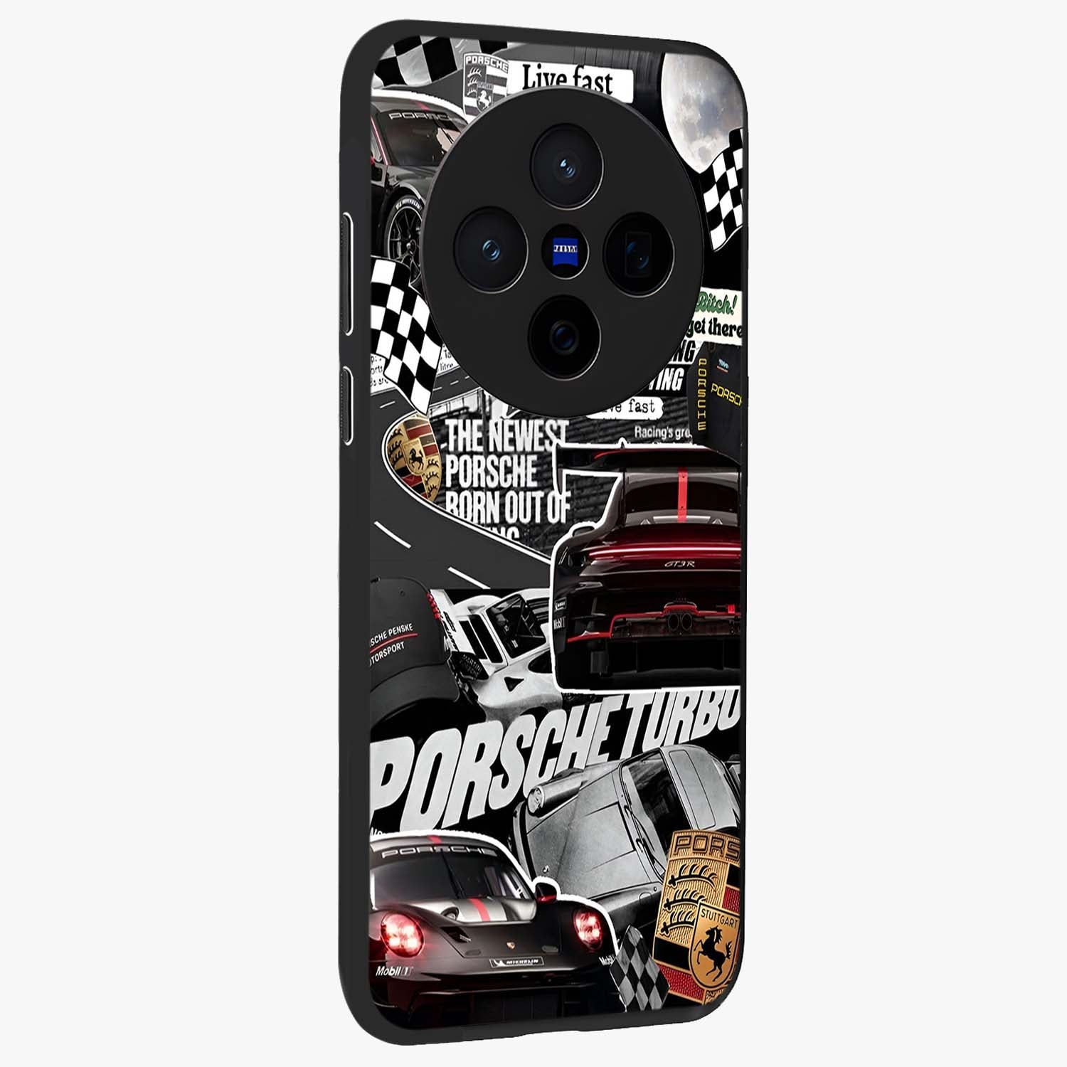 Porsche Racing Collage Glass Case upright view showcasing energetic car collage artwork with high speed racing theme.