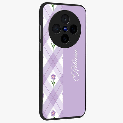 Purple Diamond Floral Glass Case upright view showcasing vibrant floral artwork with stylish geometric theme.