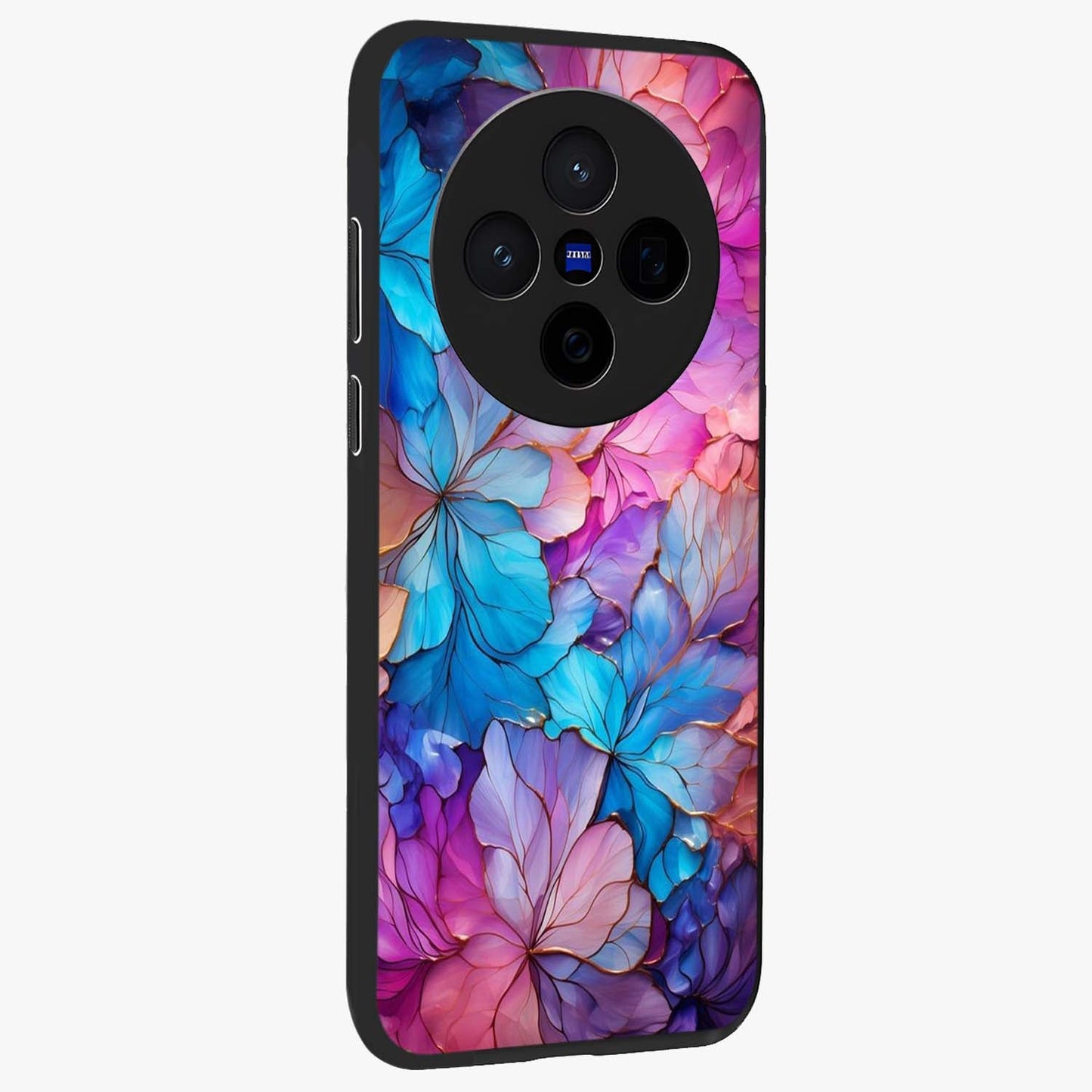 Radiant Floral Whirl Glass Case upright view showcasing lively floral artwork with decorative swirl theme.