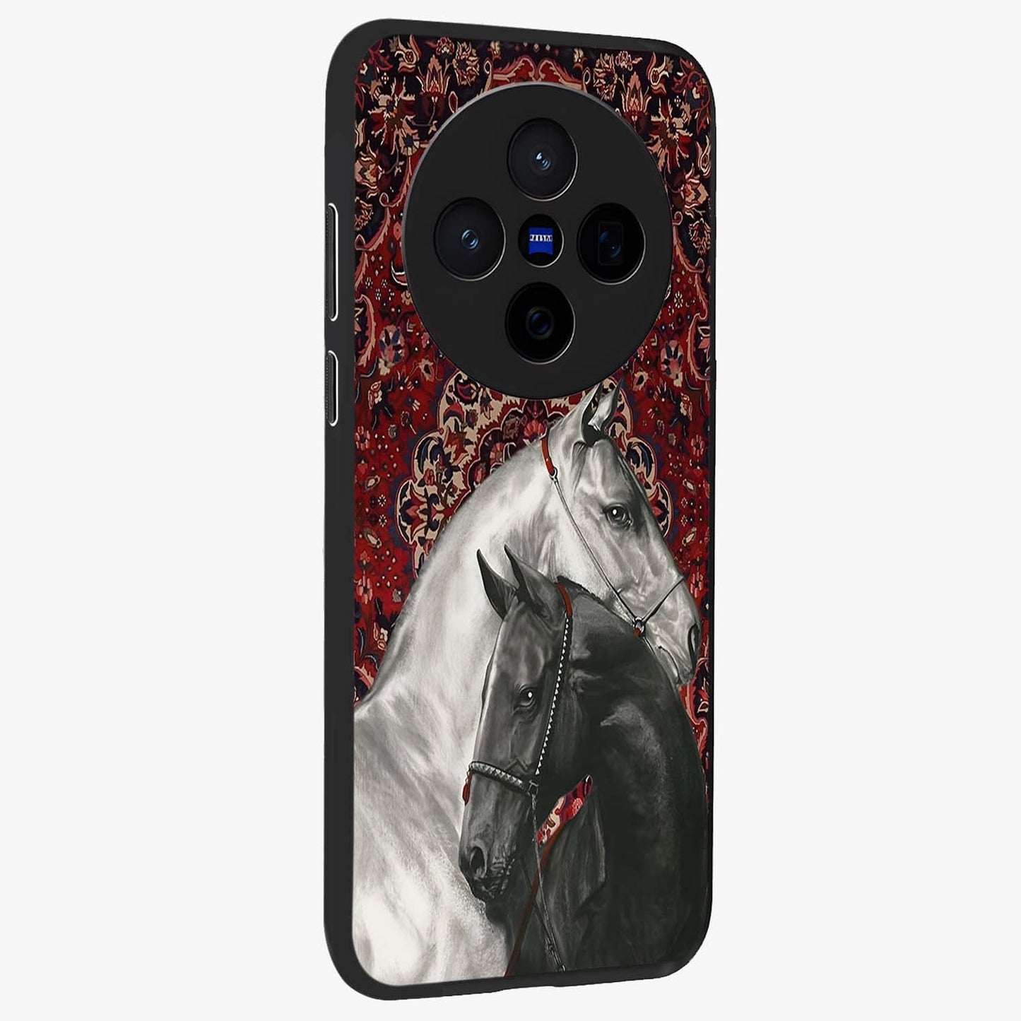 Regal Stallion Tapestry Glass Case upright view showcasing powerful horse artwork with elegant tapestry theme.