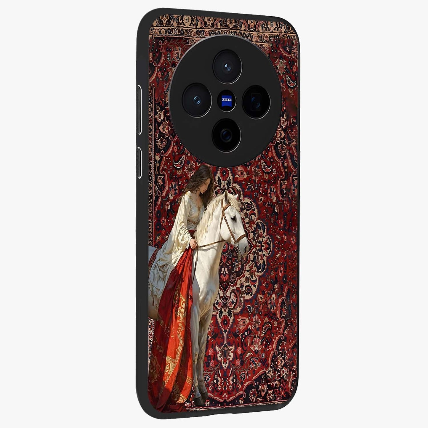 Royal Rider Tapestry Glass Case upright view showcasing detailed rider artwork with classic tapestry theme.