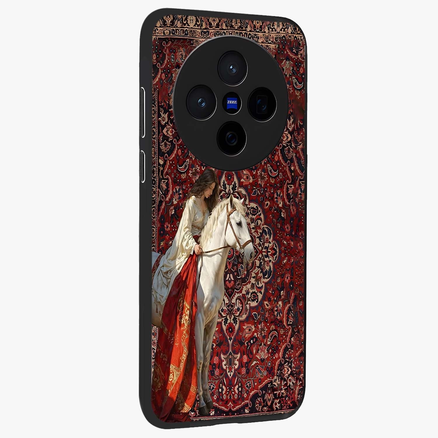 Royal Rider Tapestry Glass Case upright view showcasing detailed rider artwork with classic tapestry theme.