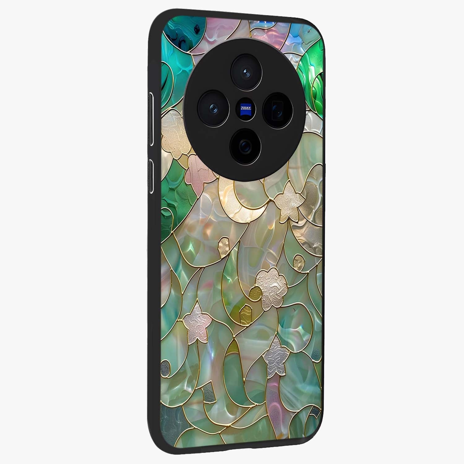 Stained Sunrise Glow Glass Case upright view showcasing colorful sunrise artwork with warm morning theme.
