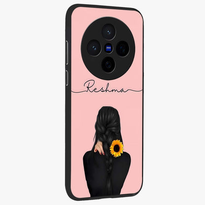 Sunflower Braid Beauty With Custom Name Glass Case upright view showcasing bright sunflower artwork with personalized floral aesthetic.