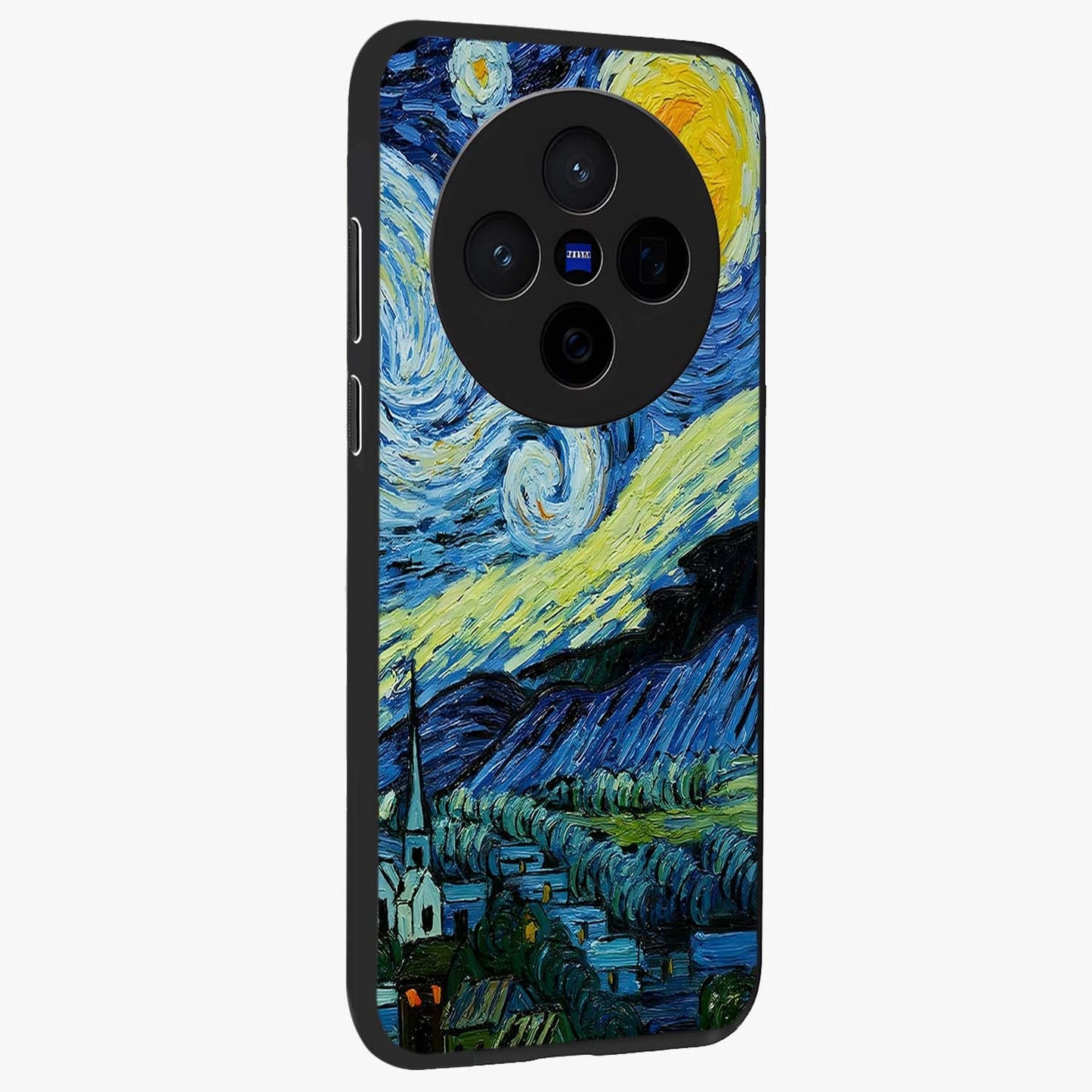 Van Gogh Art Glass Case upright view showcasing expressive painting style artwork with timeless artistic theme.