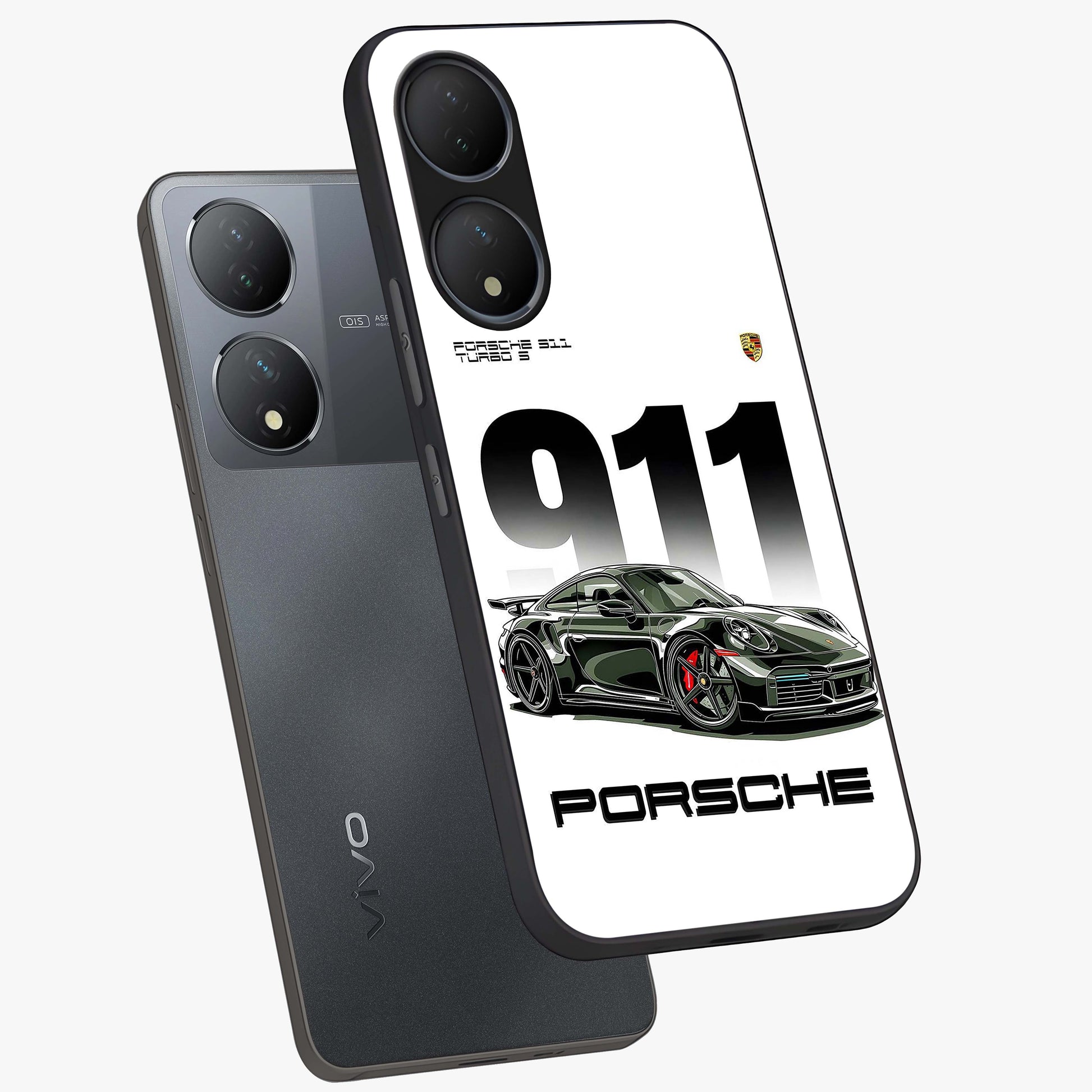 911 Turbo Dominance Glass Case displayed in premium angled mockup highlighting sporty car illustration and sleek glass surface.