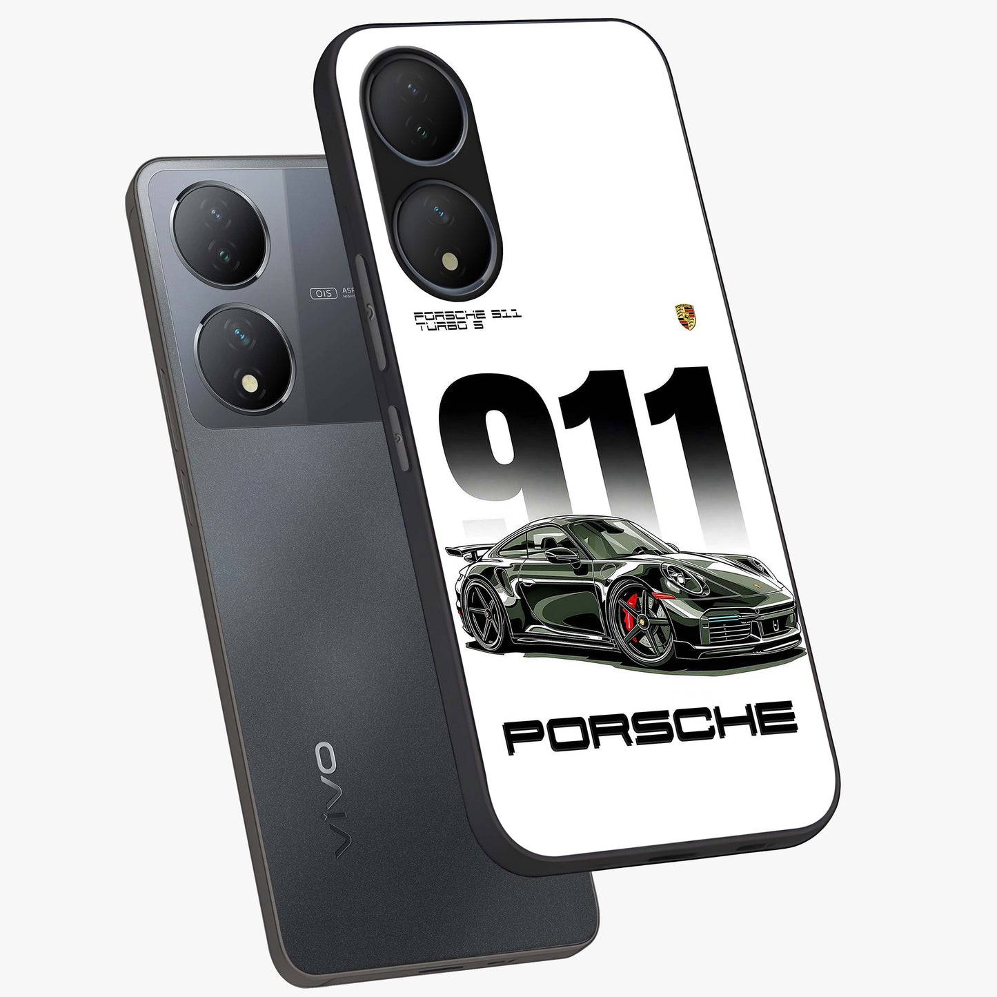 911 Turbo Dominance Glass Case displayed in premium angled mockup highlighting sporty car illustration and sleek glass surface.