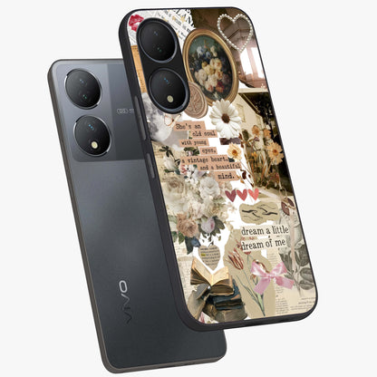 Aesthetic Brown Vintage Collage Glass Case displayed in angled mockup highlighting vintage aesthetic collage design.
