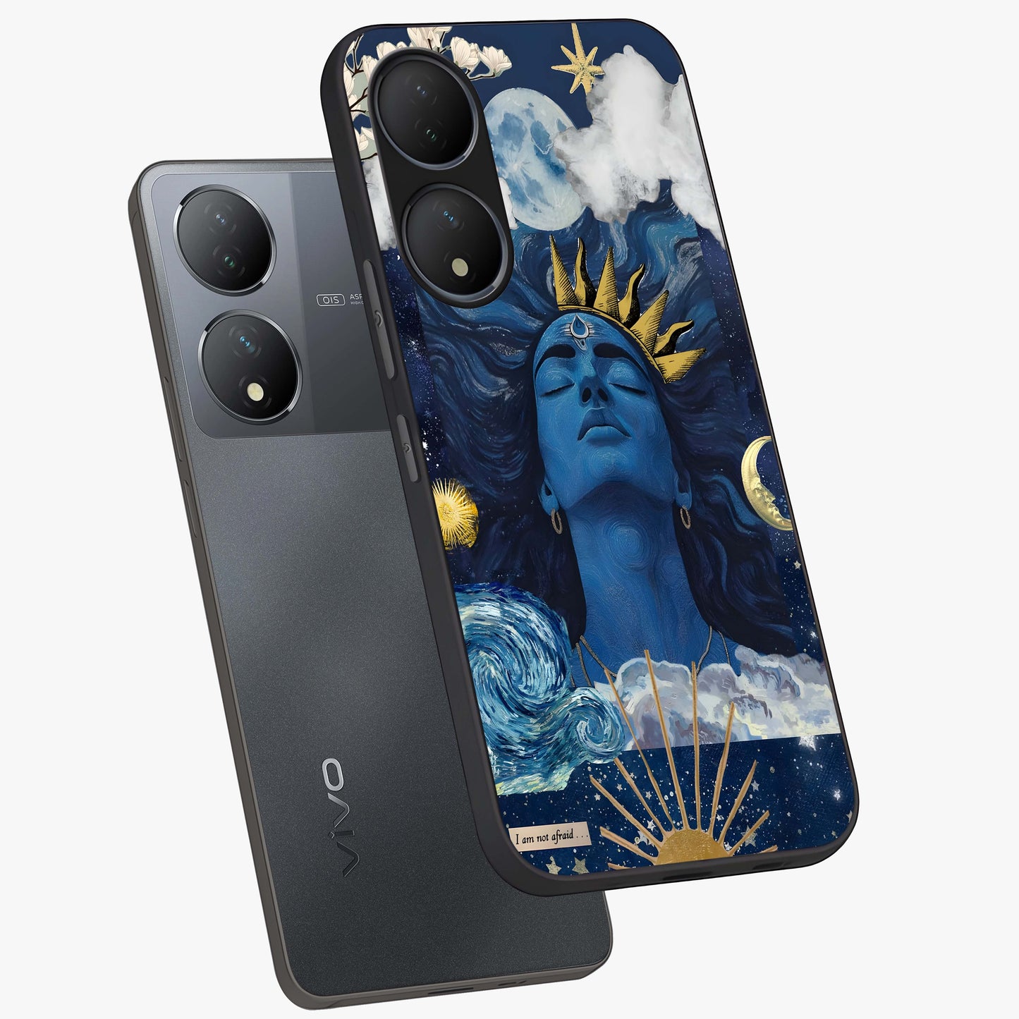 Aesthetic Lord Shiva Glass Case displayed in angled mockup highlighting spiritual Shiva illustration and sacred aesthetic design.