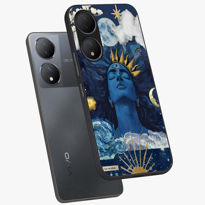 Aesthetic Lord Shiva Glass Case displayed in angled mockup highlighting spiritual Shiva illustration and sacred aesthetic design.
