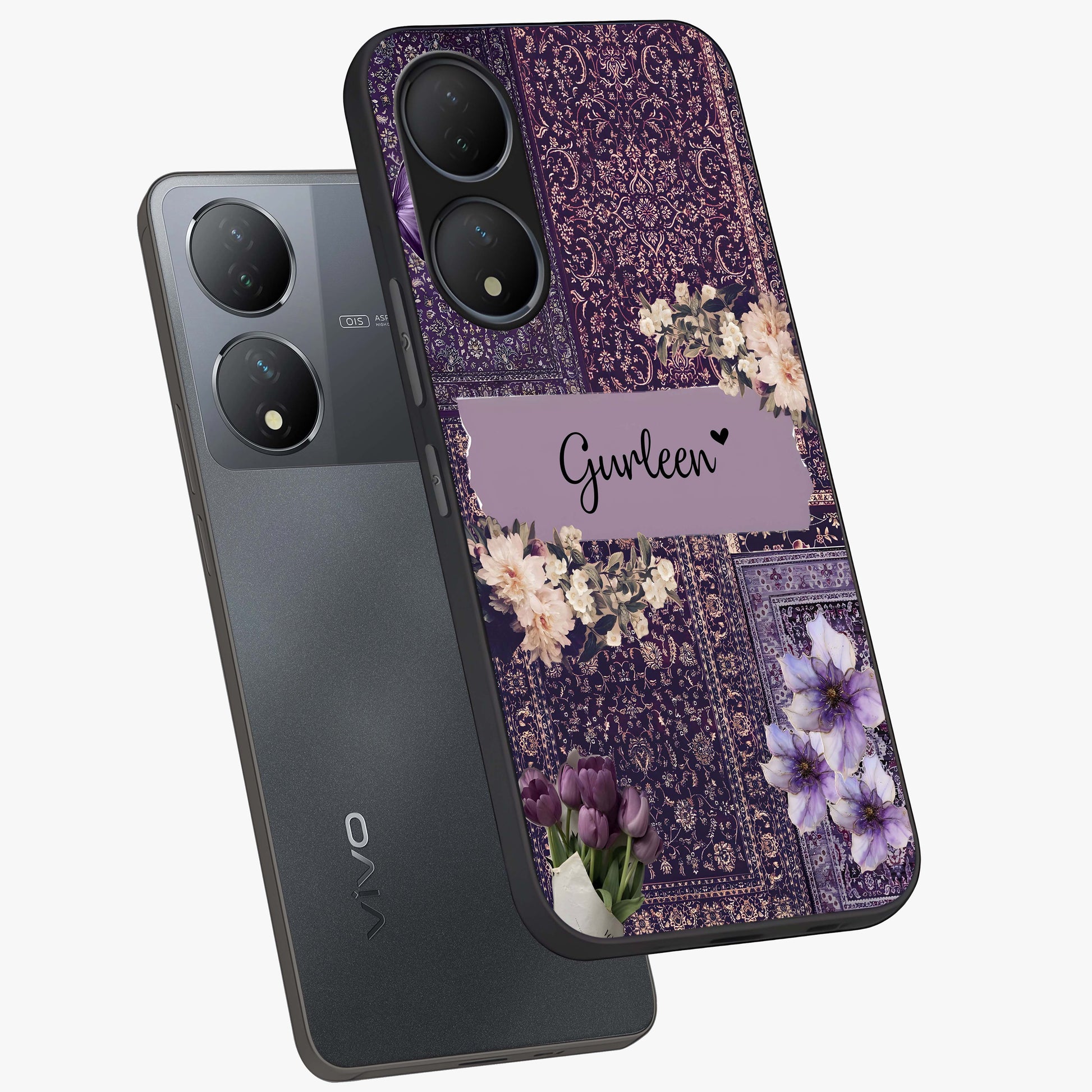 Antique Floral Whisper Custom Name Glass Case displayed in angled mockup highlighting elegant antique floral aesthetic.