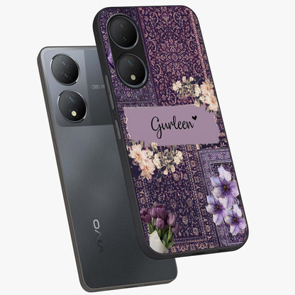 Antique Floral Whisper Custom Name Glass Case displayed in angled mockup highlighting elegant antique floral aesthetic.