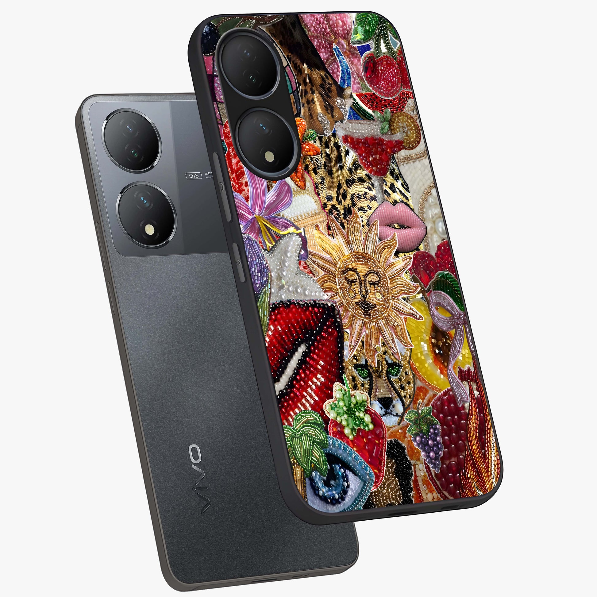 Beaded Fashion Jungle Glass Case displayed in angled mockup highlighting colorful fashion bead design and artistic pattern.