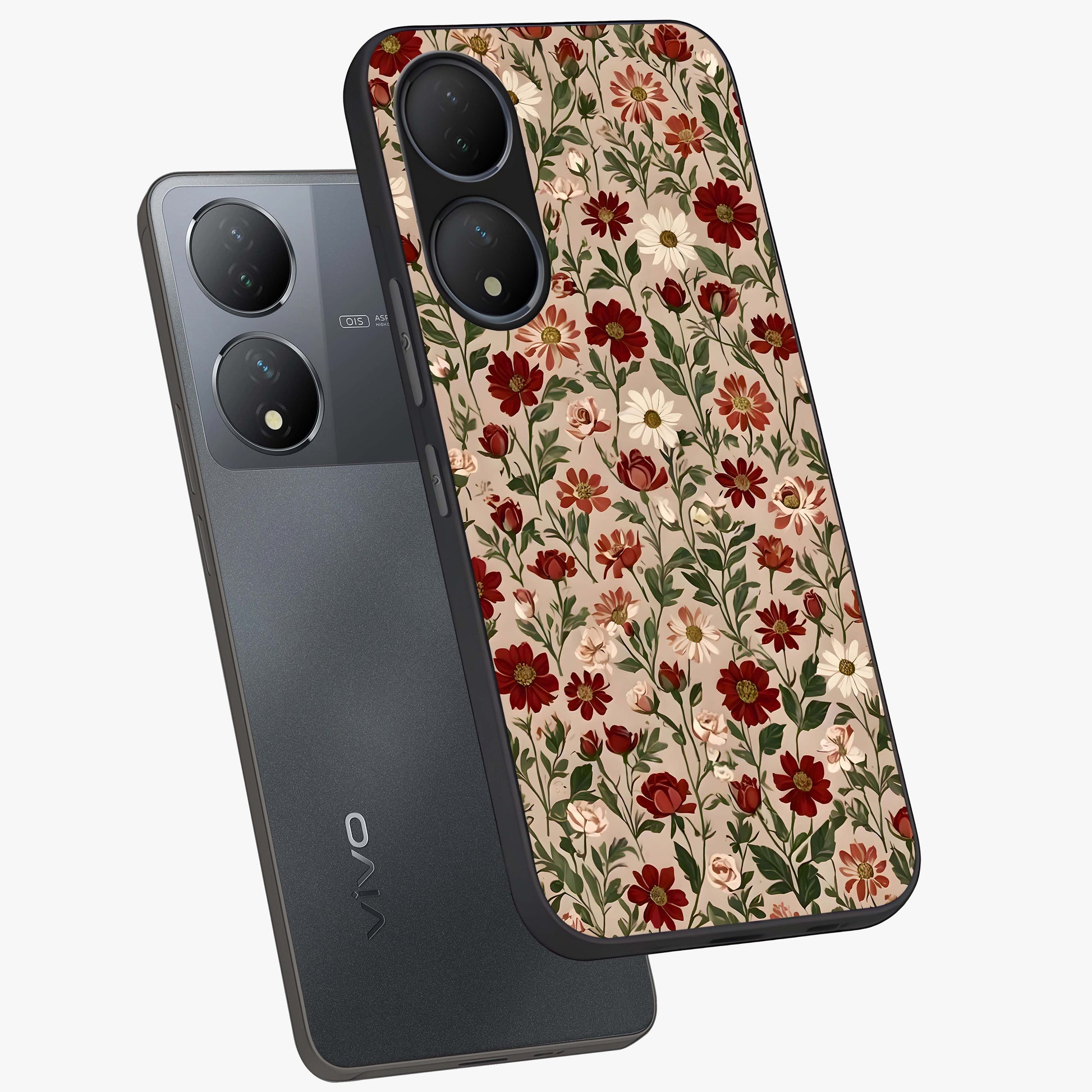 Biege Flower With Leaf Glass Case displayed in angled mockup highlighting minimal floral leaf design and elegant aesthetic.