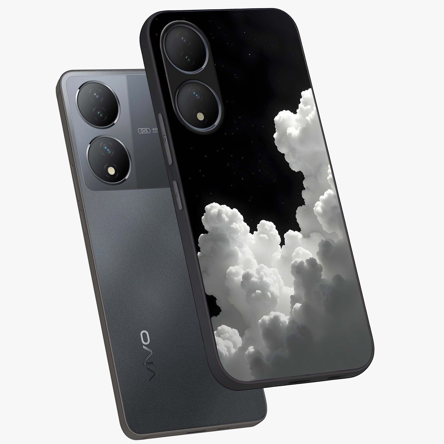 Black Background With White Cloud Glass Case displayed in angled mockup highlighting soft white cloud illustration and minimal design.