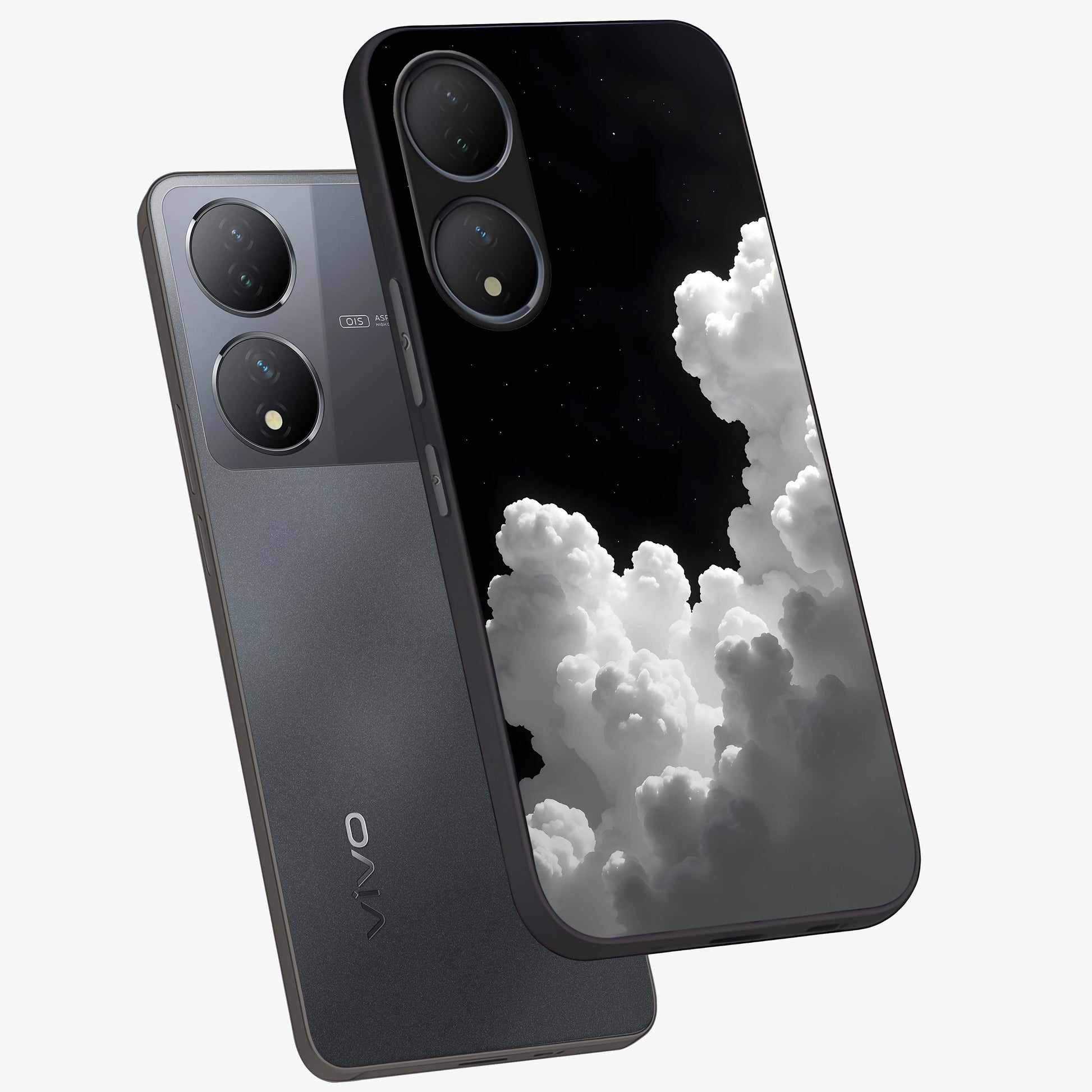 Black Background With White Cloud Glass Case displayed in angled mockup highlighting soft white cloud illustration and minimal design.