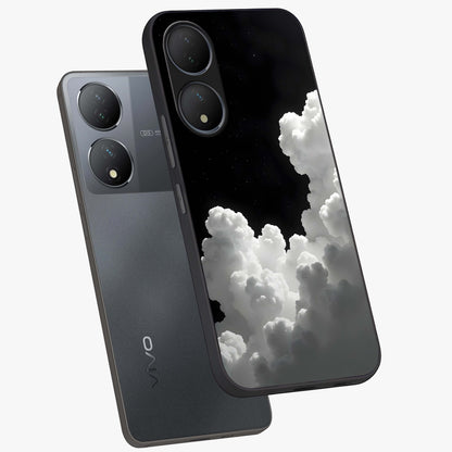 Black Background With White Cloud Glass Case displayed in angled mockup highlighting soft white cloud illustration and minimal design.