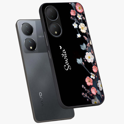 Black Elegance Floral Custom Name Glass Case displayed in angled mockup highlighting dark floral aesthetic and custom name feature.
