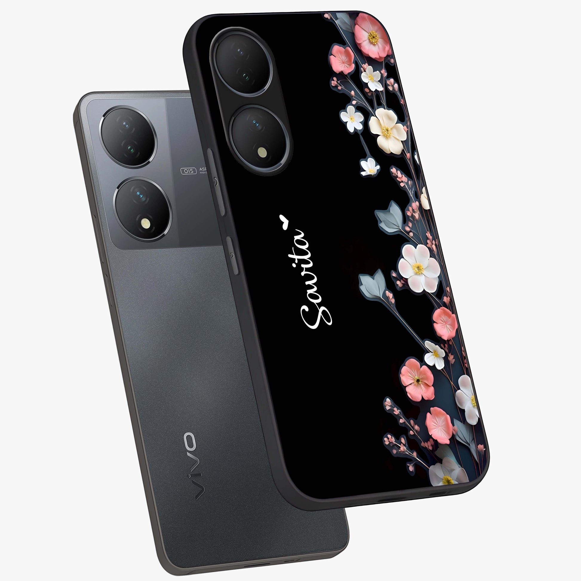 Black Elegance Floral Custom Name Glass Case displayed in angled mockup highlighting dark floral aesthetic and custom name feature.