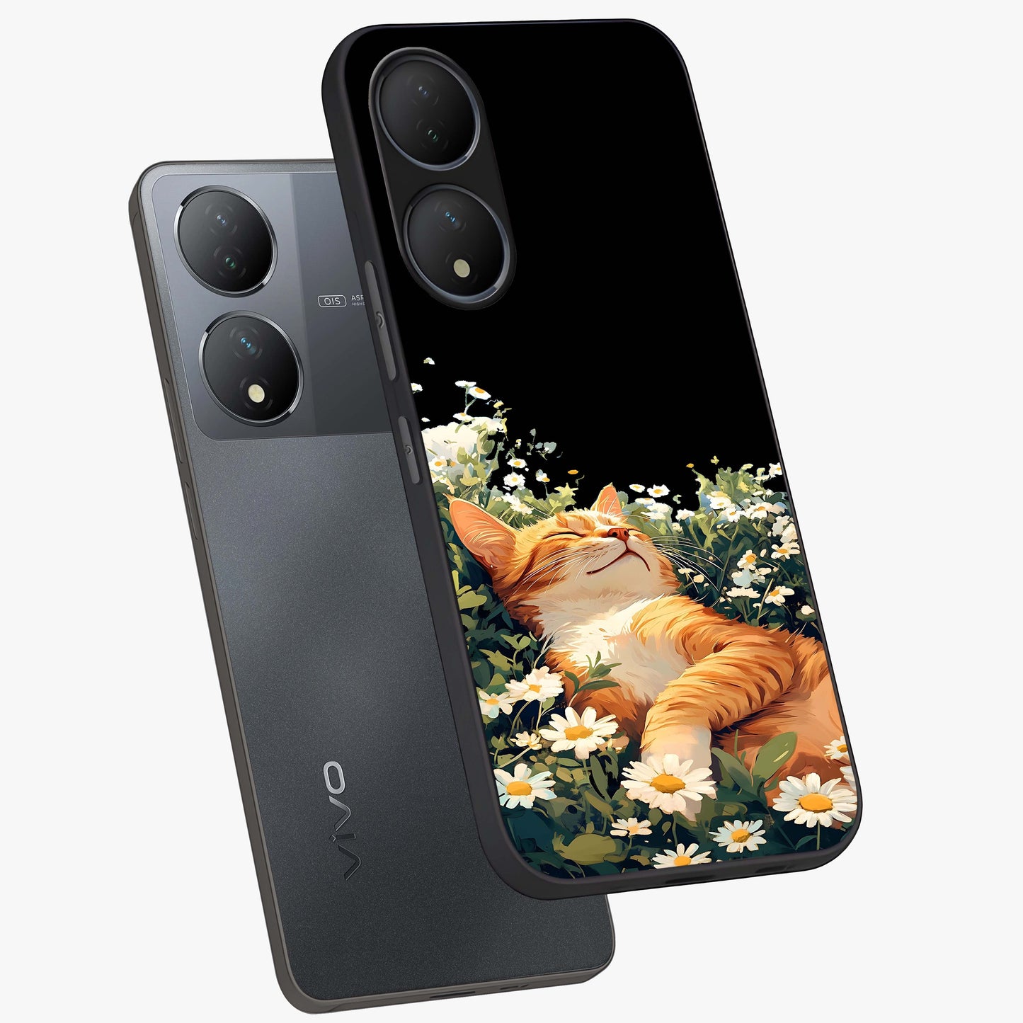 Blissful Bloom Cat Glass Case displayed in angled mockup highlighting playful feline illustration with soft floral aesthetic.