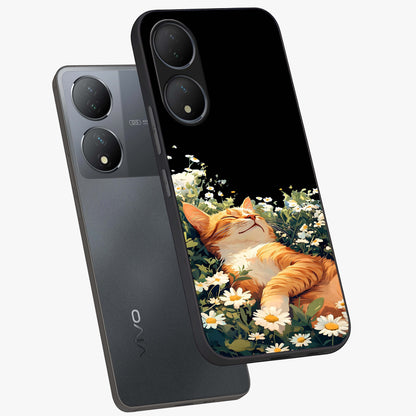 Blissful Bloom Cat Glass Case displayed in angled mockup highlighting playful feline illustration with soft floral aesthetic.