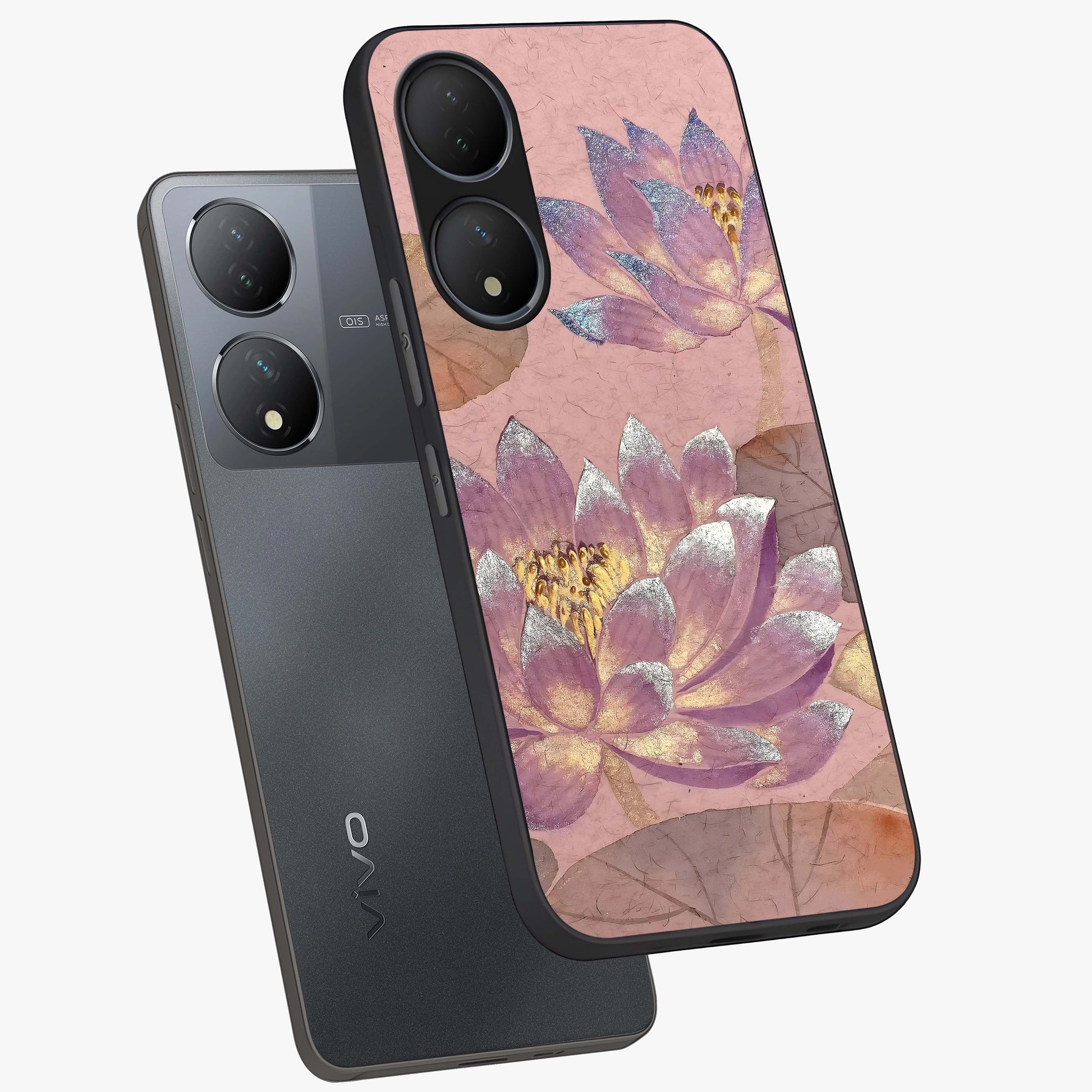 Blossom Mist Lotus Glass Case displayed in angled mockup highlighting delicate lotus illustration with calm aesthetic theme.