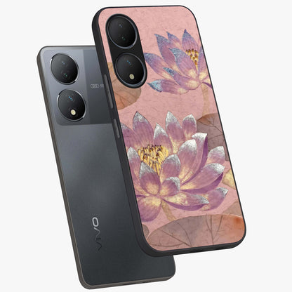 Blossom Mist Lotus Glass Case displayed in angled mockup highlighting delicate lotus illustration with calm aesthetic theme.