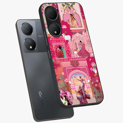 Blossoms of Rajasthan Glass Case displayed in angled mockup highlighting vibrant floral pattern with cultural aesthetic style.