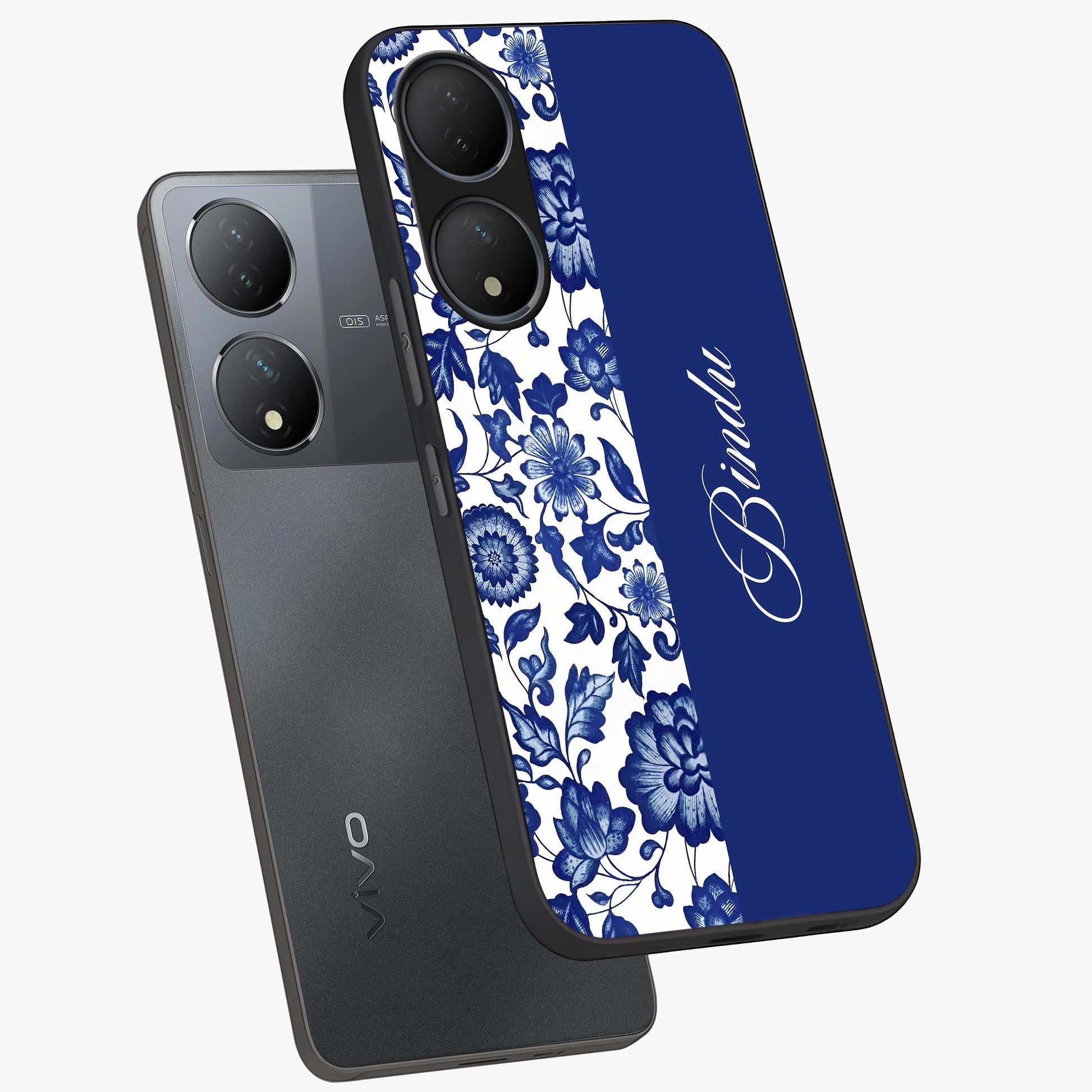 Blue Vintage Floral Pattern Glass Case displayed in angled mockup highlighting subtle bloom pattern with aesthetic pastel design.