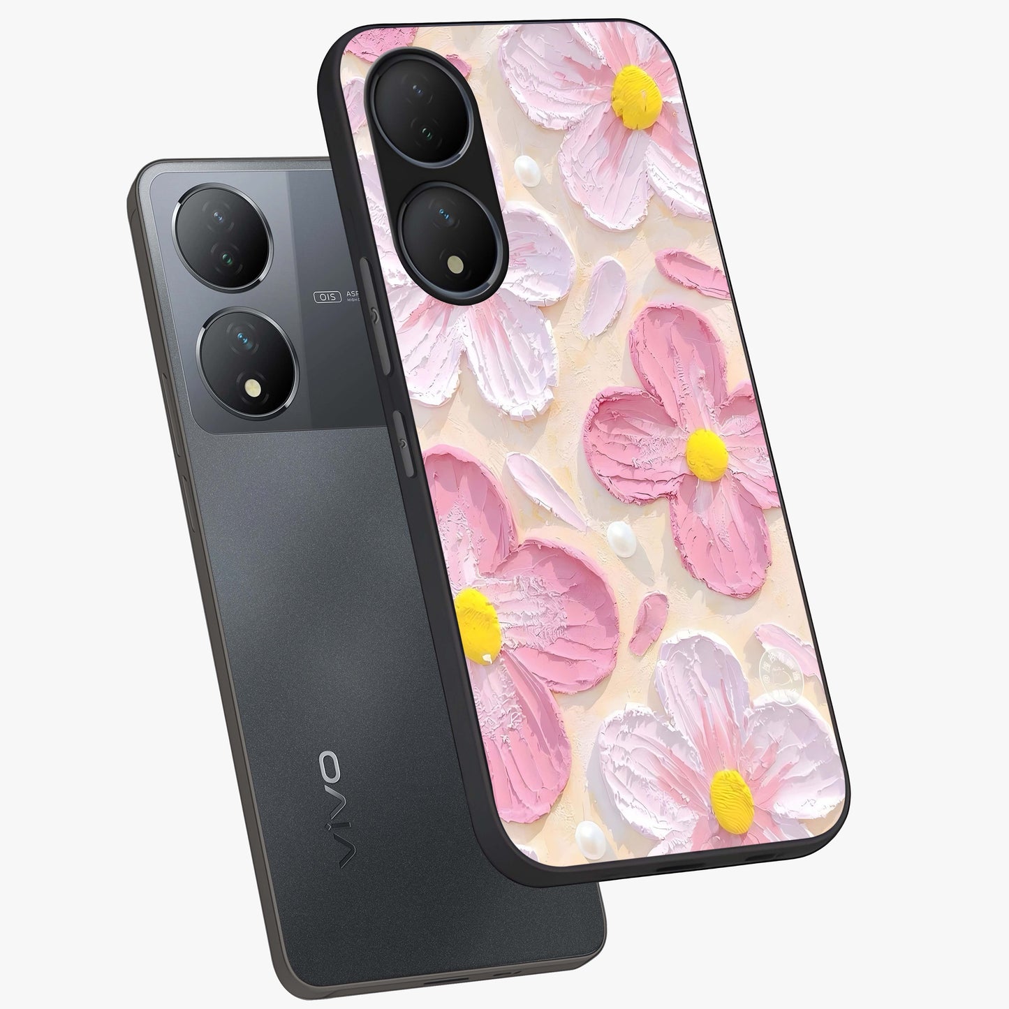 Blush Bloom Texture Glass Case displayed in angled mockup highlighting subtle bloom pattern with aesthetic pastel design.