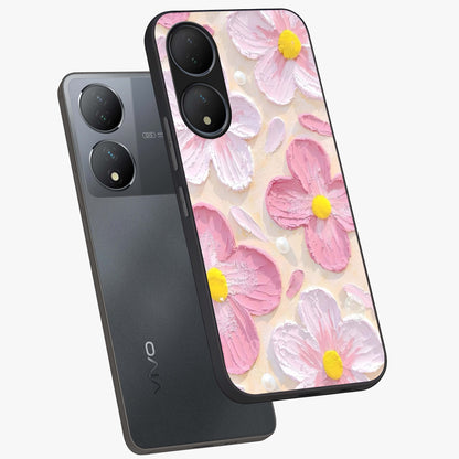 Blush Bloom Texture Glass Case displayed in angled mockup highlighting subtle bloom pattern with aesthetic pastel design.