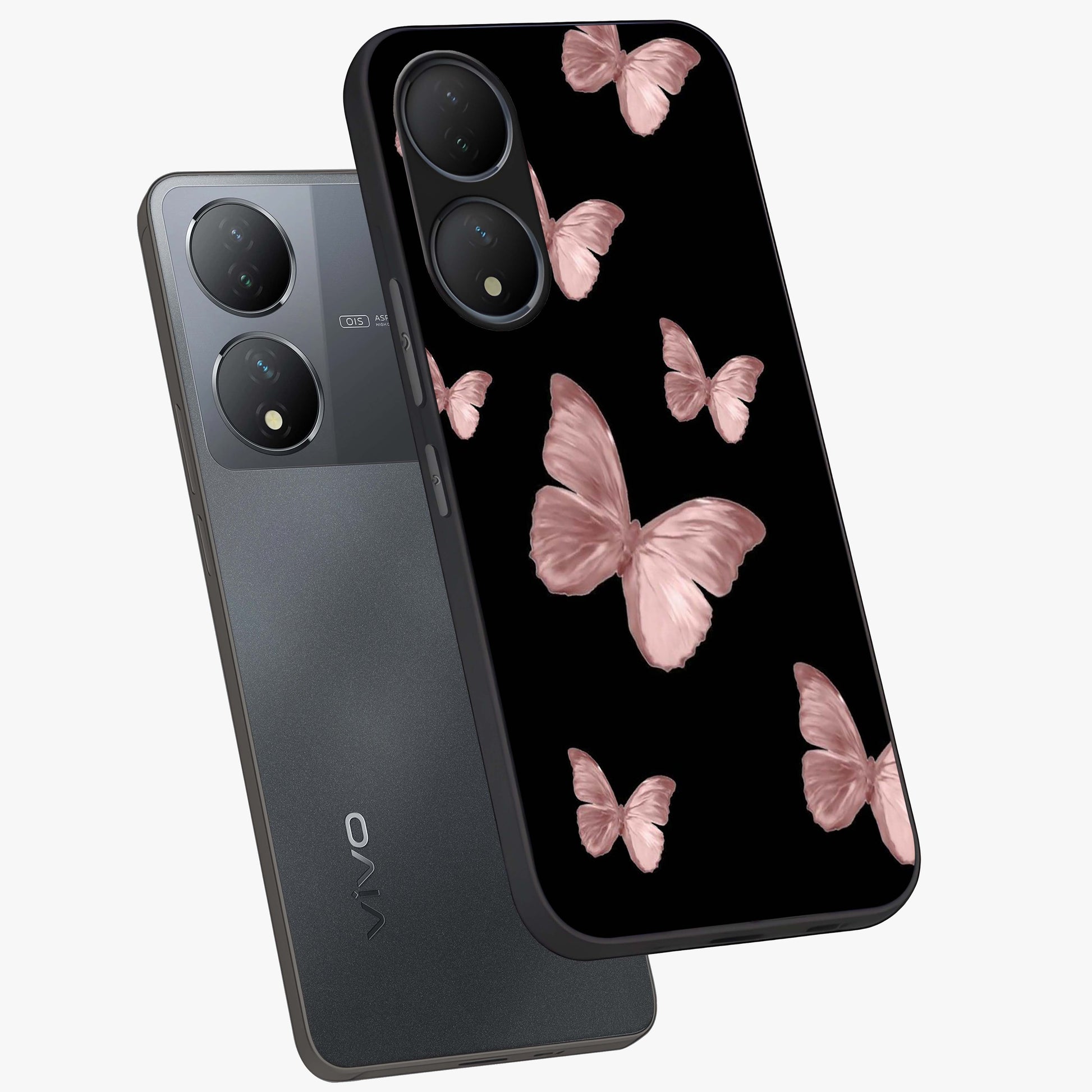Butterfly Pattern Glass Case displayed in angled mockup highlighting delicate butterfly design and aesthetic pattern style.
