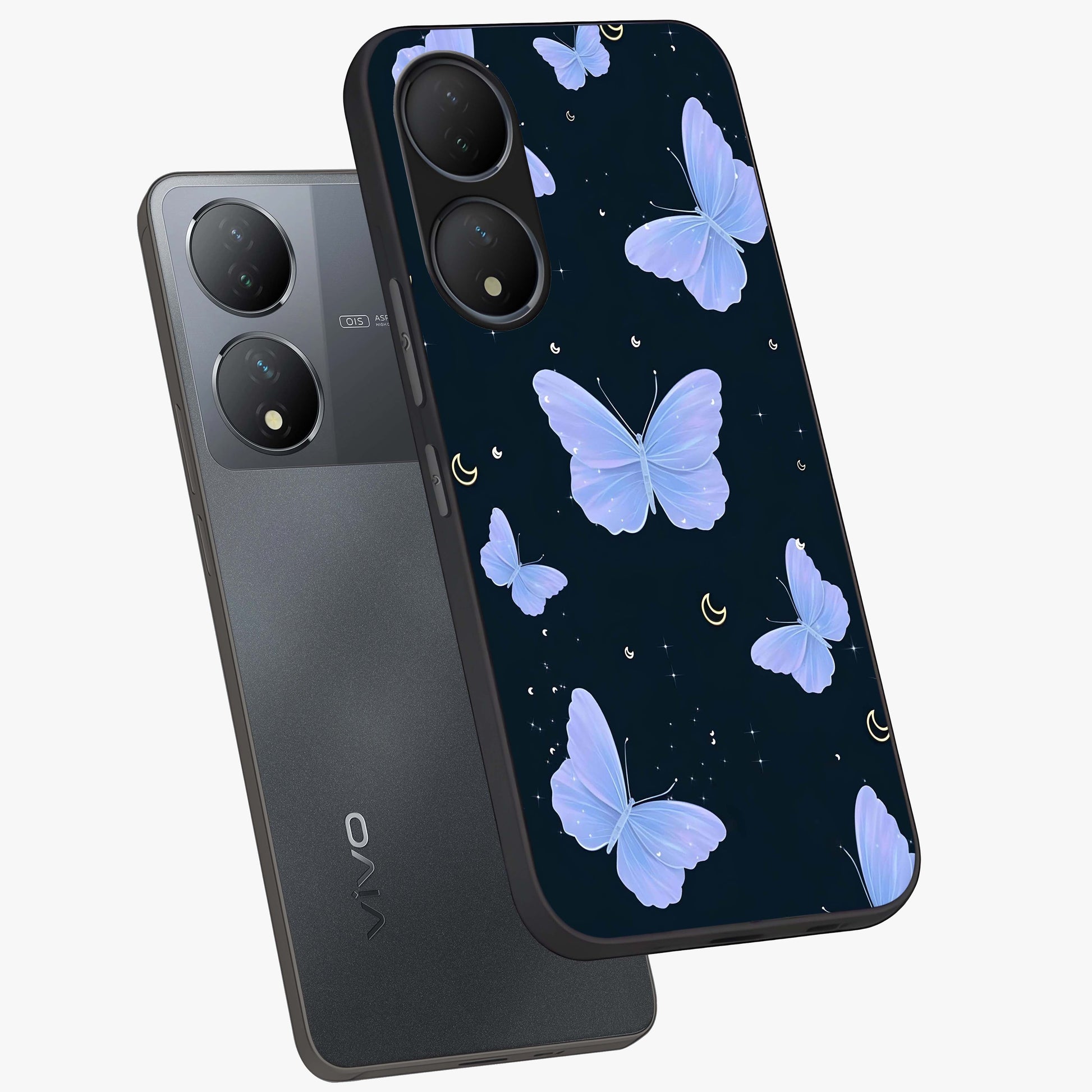Butterfly With Stars Pattern Glass Case displayed in angled mockup highlighting dreamy butterfly and star design with aesthetic theme.