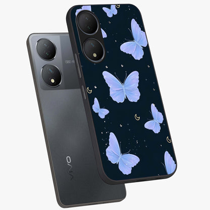 Butterfly With Stars Pattern Glass Case displayed in angled mockup highlighting dreamy butterfly and star design with aesthetic theme.