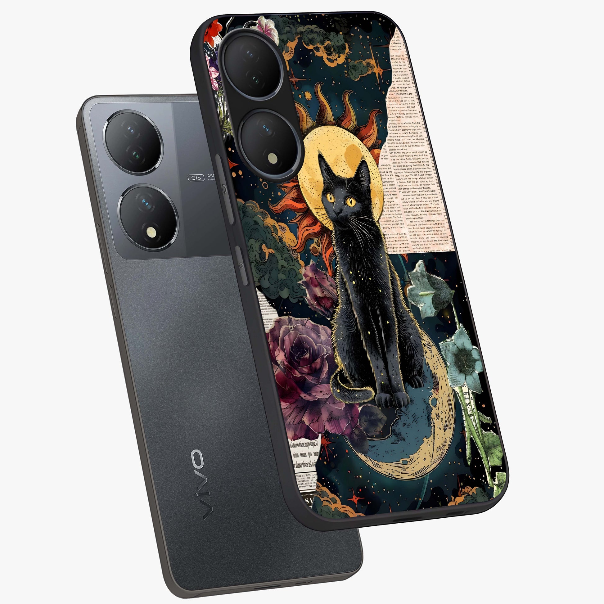 Celestial Black Cat Glass Case displayed in angled mockup highlighting cosmic black cat design with celestial aesthetic.