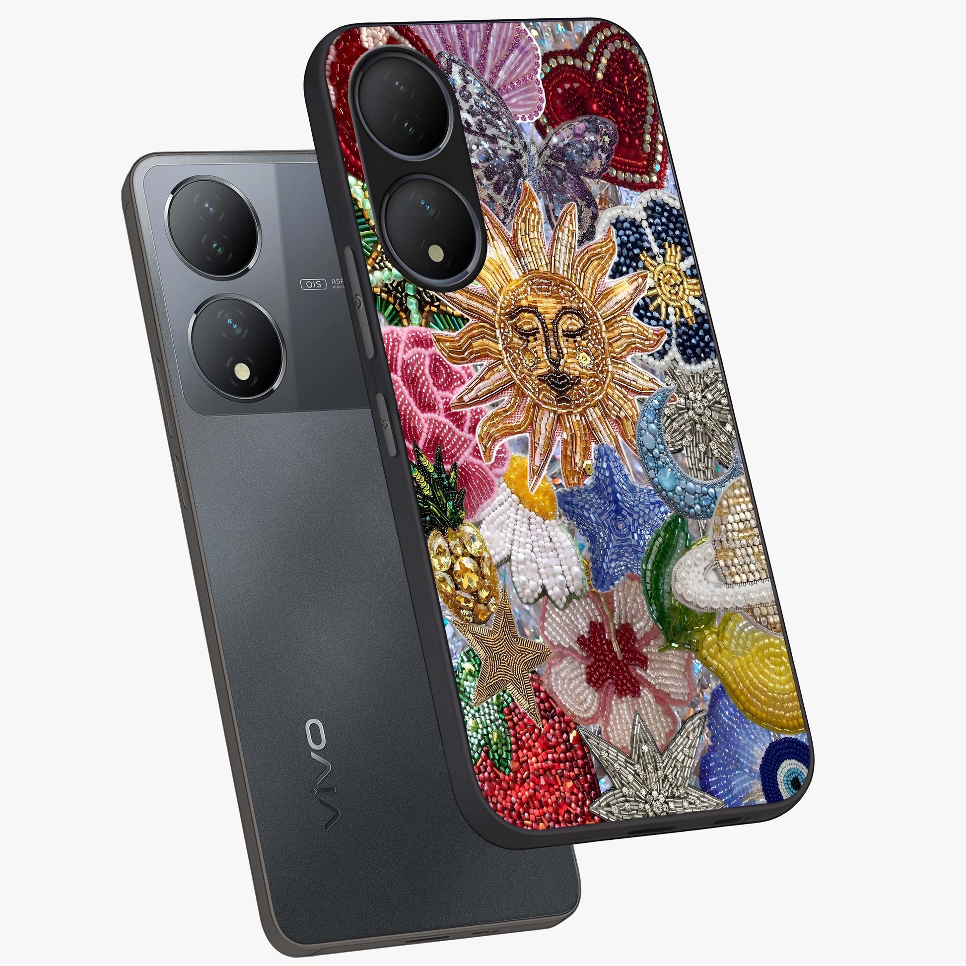 Celestial Floral and Playful Glass Case displayed in angled mockup highlighting playful floral design with dreamy celestial elements.