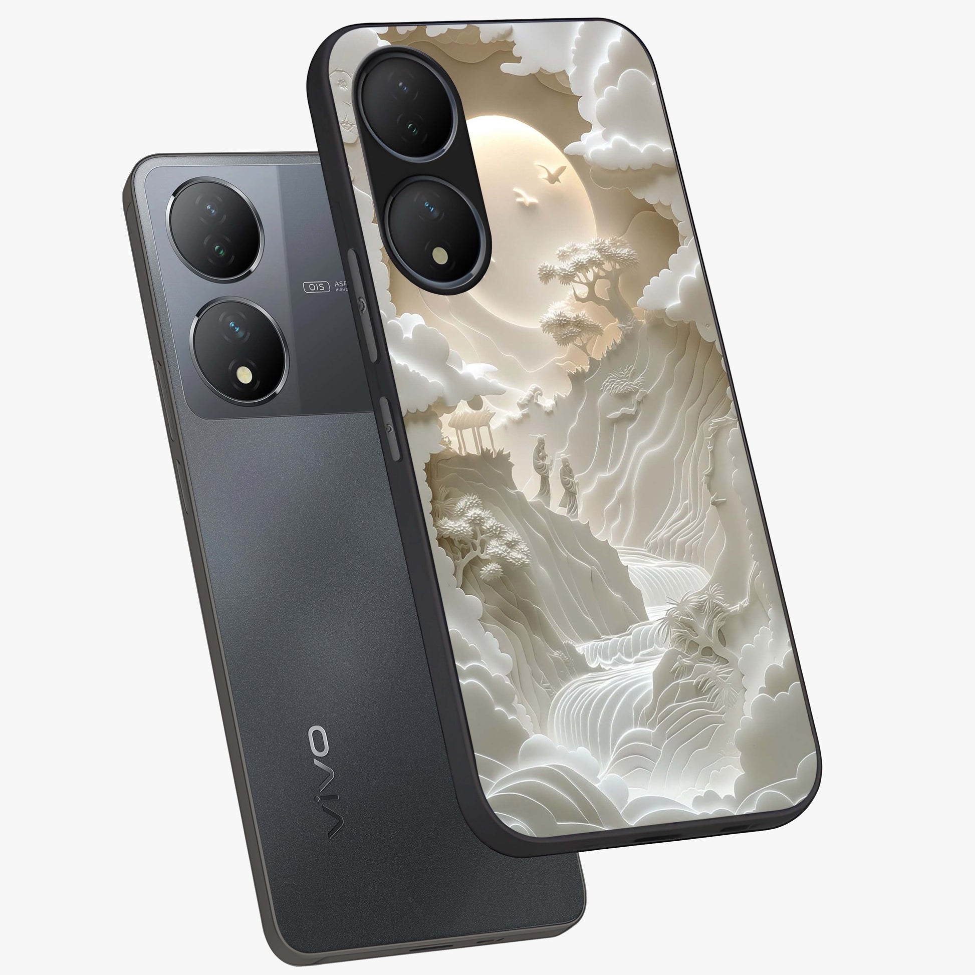 Celestial Origami Glass Case displayed in angled mockup highlighting geometric origami design with cosmic aesthetic theme.