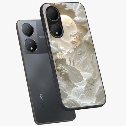 Celestial Origami Glass Case displayed in angled mockup highlighting geometric origami design with cosmic aesthetic theme.