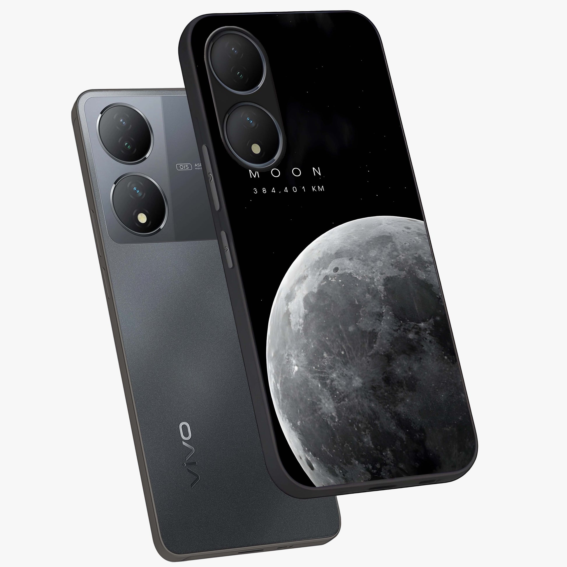 Cosmic Moon Glow Glass Case displayed in angled mockup highlighting celestial moon design with cosmic aesthetic theme.