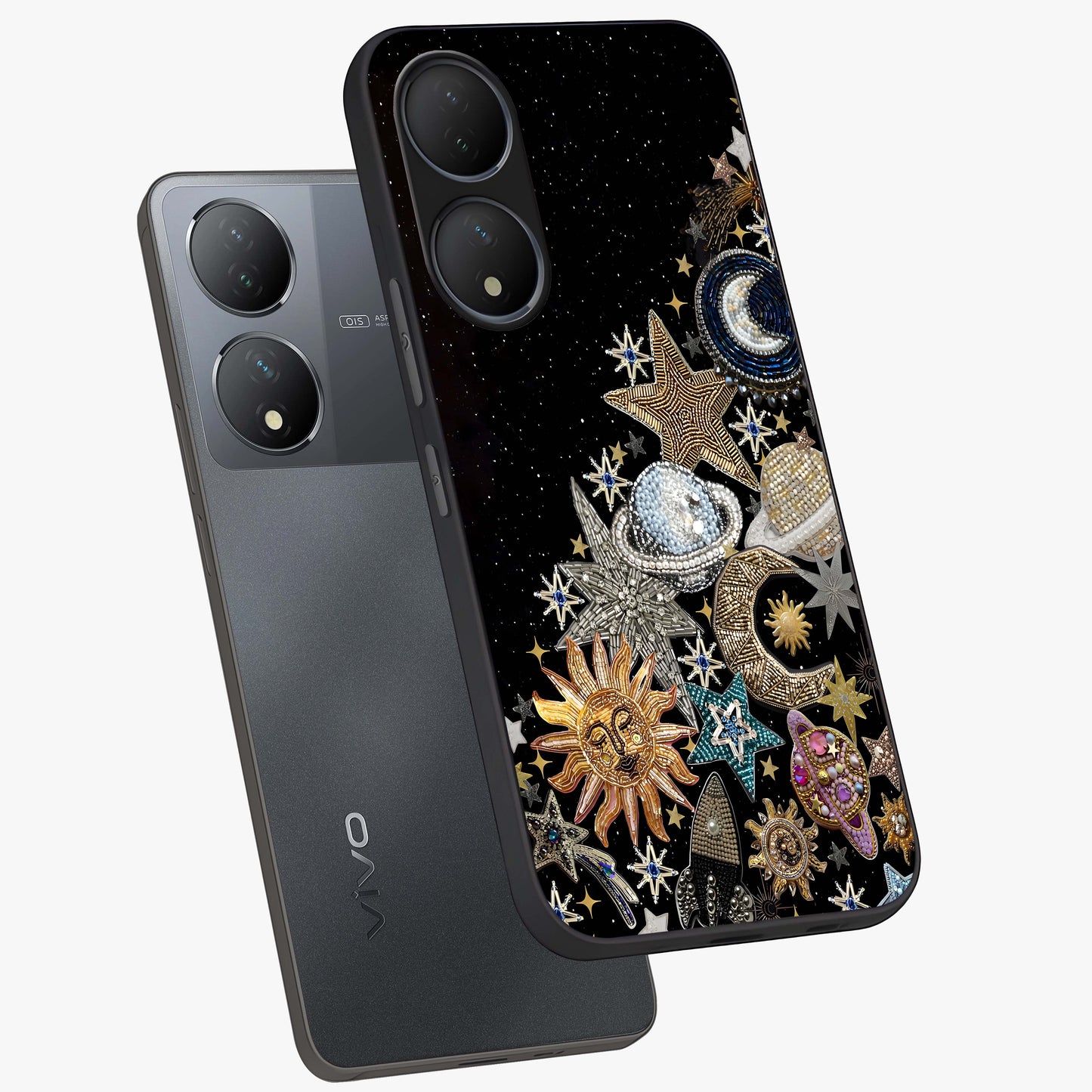 Cosmic Sparkle Dreams Glass Case displayed in angled mockup highlighting dreamy star sparkle design with celestial aesthetic.