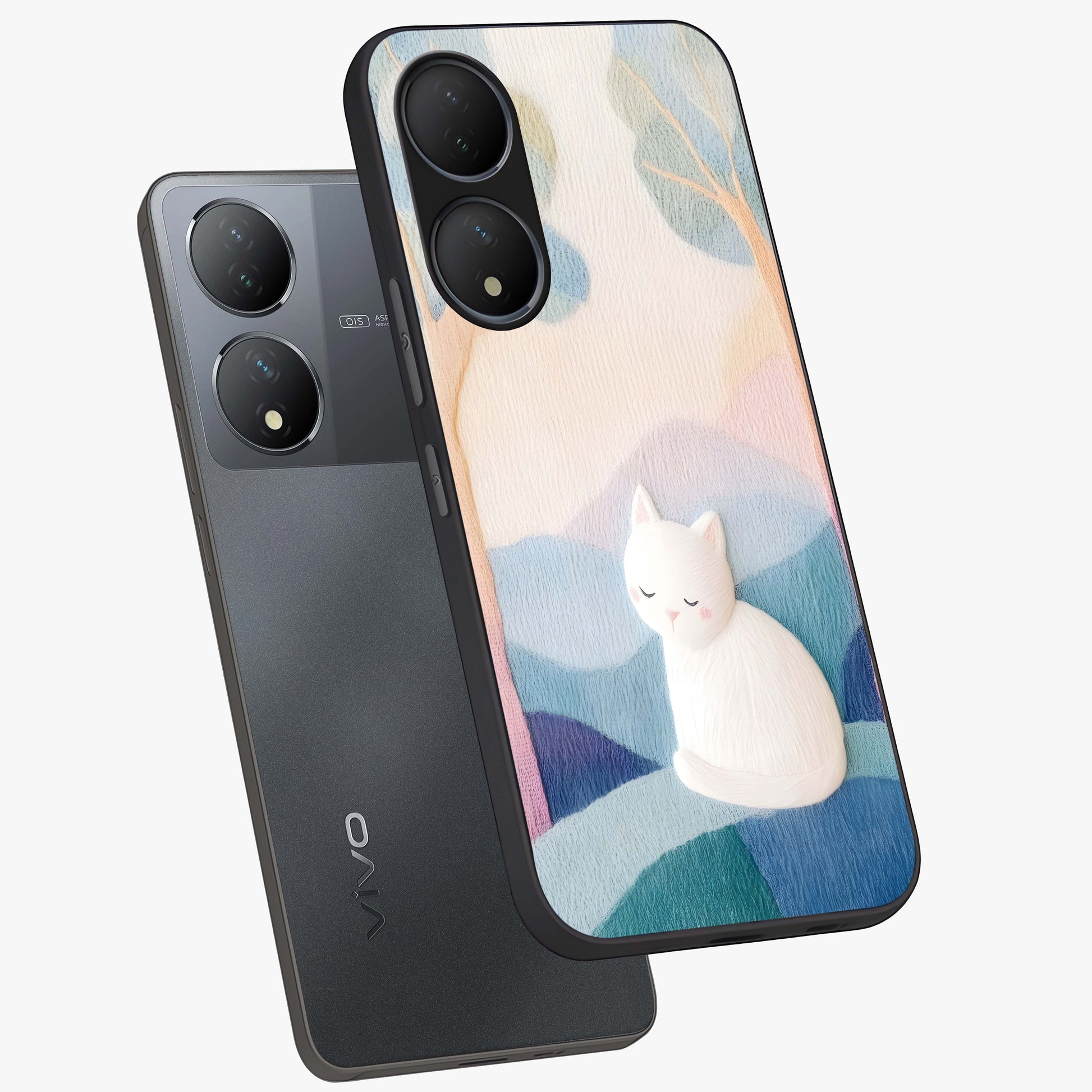 Cotton Dream Cat Glass Case displayed in angled mockup highlighting cute feline illustration with pastel aesthetic style.
