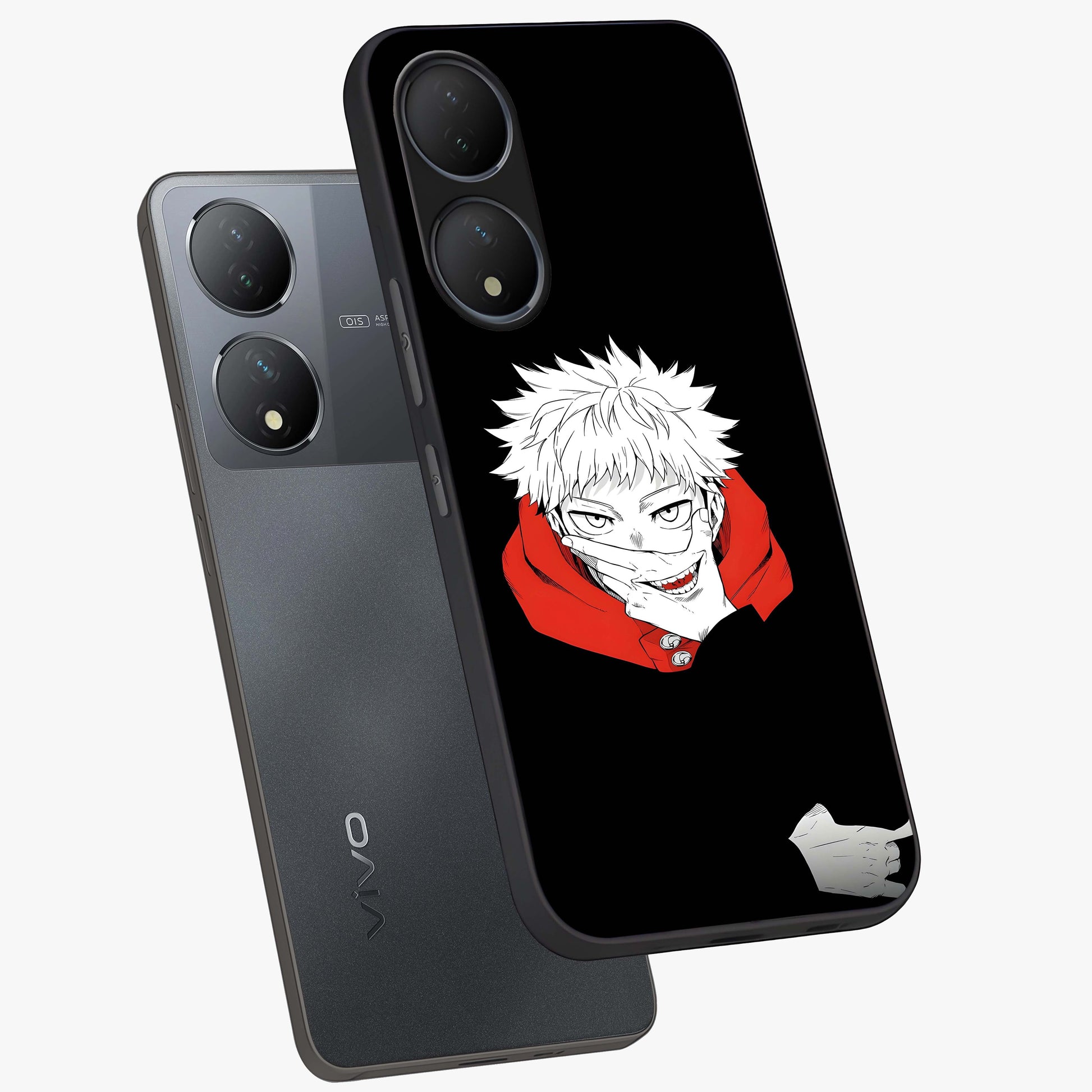 Crimson Chaos Smile Glass Case displayed in angled mockup highlighting edgy crimson smile design with graphic aesthetic.