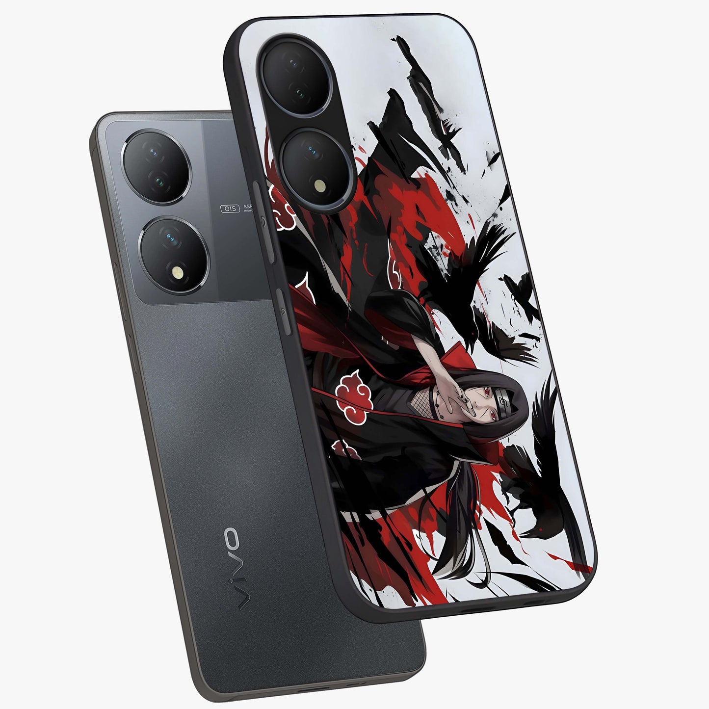 Crimson Crow Illusion Glass Case displayed in angled mockup highlighting mysterious crow graphic with dark aesthetic style.