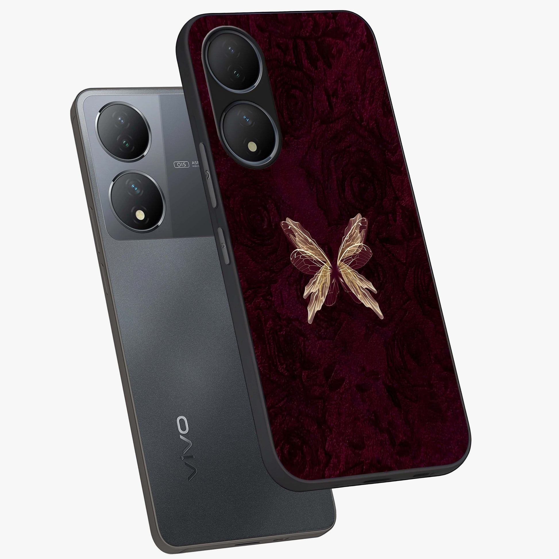 Crimson Fade Butterfly Glass Case displayed in angled mockup highlighting elegant butterfly design with crimson gradient aesthetic.