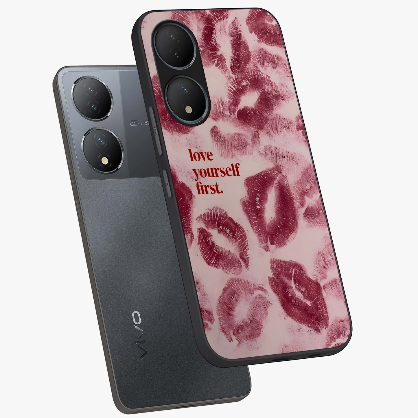 Crimson Kiss Love Glass Case displayed in angled mockup highlighting bold love inspired design with modern aesthetic style.