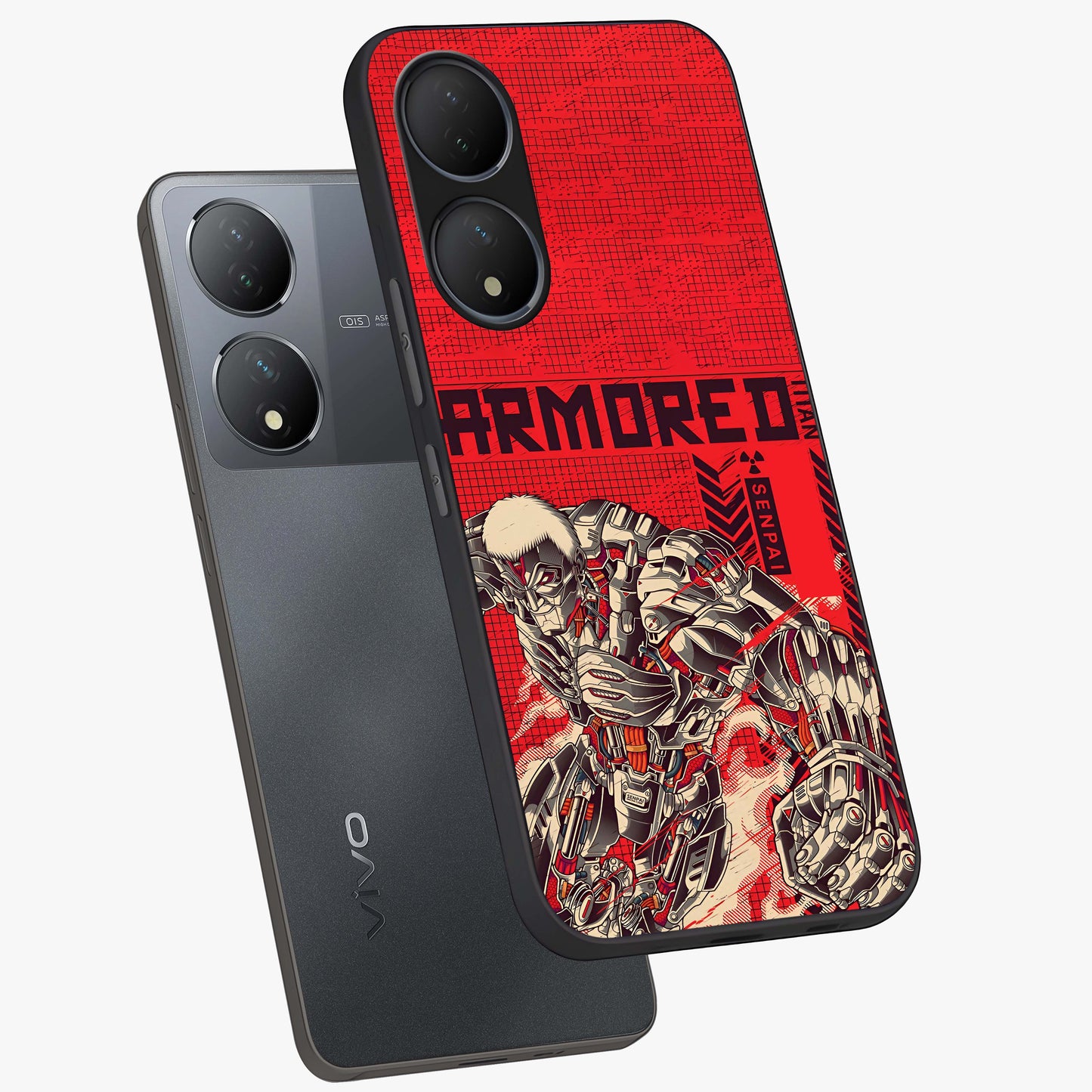 Crimson Mecha Titan Glass Case displayed in angled mockup highlighting futuristic mech illustration with bold crimson aesthetic.