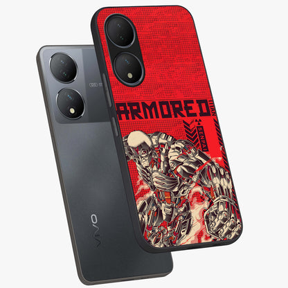 Crimson Mecha Titan Glass Case displayed in angled mockup highlighting futuristic mech illustration with bold crimson aesthetic.